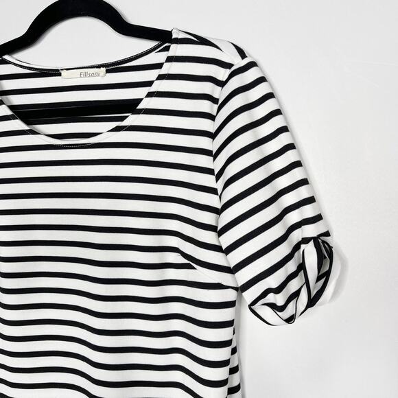 Ellison Medium Navy Blue White Striped Roll Tab Short Sleeve Sheath Dress Pocket - Picture 3 of 7